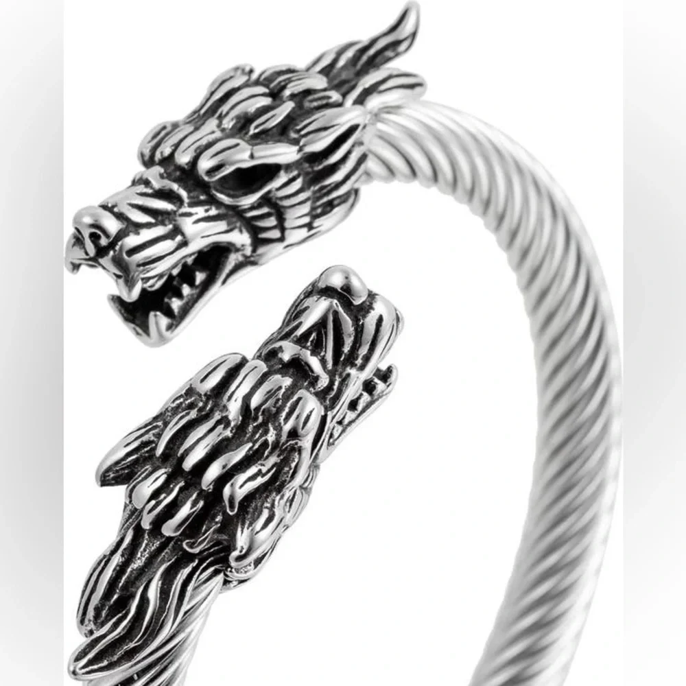 Eye Candy Los Angeles Double Dragon Titanium Silver Wire Bracelet, NIB